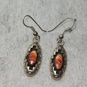 Oval Silver-Tone Dangle Earrings with Orange Shell Inlay